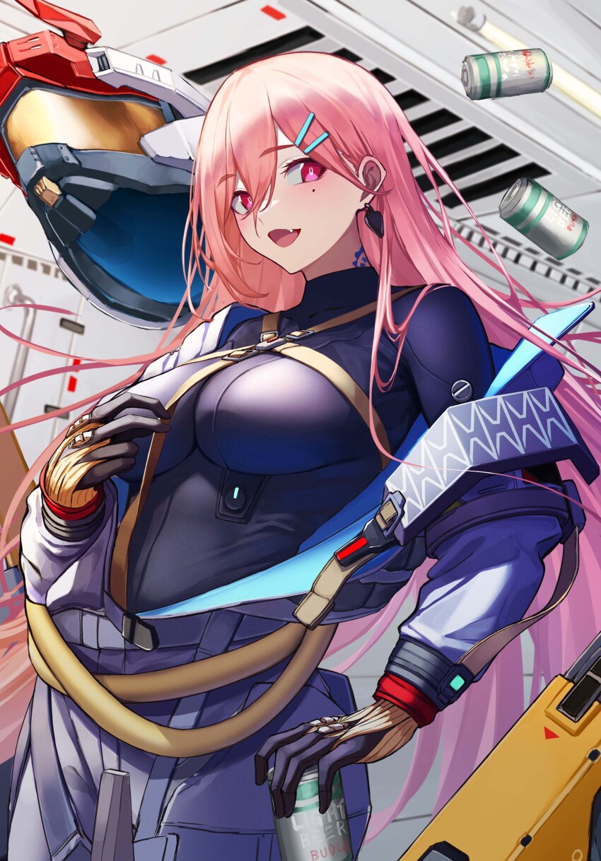 1girl, 3_small_spiders, absurdres, black_bodysuit, blush, bodysuit, breasts, can