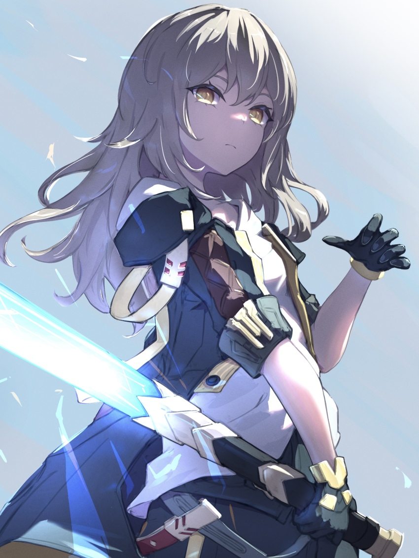 1girl, absurdres, black_coat, black_gloves, black_skirt, blue_background, closed_mouth, coat