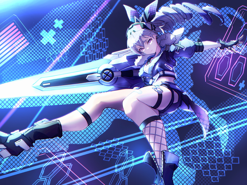 1girl, absurdres, arms_up, belt, black_boots, black_gloves, black_shorts, boots, breasts, closed_mouth, collared_jacket, cross, drill_hair, drill_ponytail, eyewear_on_head, fingerless_gloves, fishnet_socks, fishnets, fur-trimmed_jacket, fur_trim, gloves, grey_hair, hair_between_eyes, hair_ribbon, highres, hologram, honkai:_star_rail, honkai_(series), jacket, leg_up, long_hair, medium_breasts, open_clothes, open_jacket, puffy_short_sleeves, puffy_sleeves, purple-tinted_eyewear, purple_background, purple_belt, purple_jacket, purple_ribbon, ribbon, shirt, short_shorts, short_sleeves, shorts, silver_wolf_(honkai:_star_rail), smile, socks, solo, standing, standing_on_one_leg, stella_(stella), sunglasses, sword, t-shirt, tinted_eyewear, weapon, white_shirt, zipper