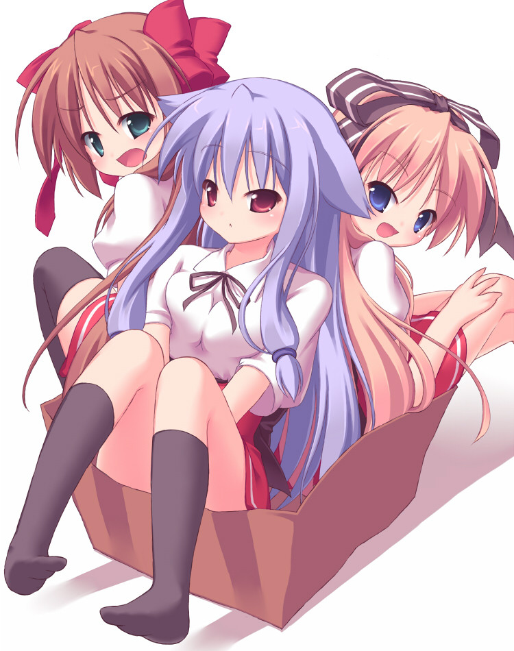 3girls, animal_ears, aqua_eyes, back-to-back, blonde_hair, blue_eyes, bow, box