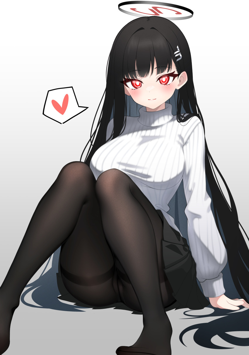 1girl, absurdres, acalephea, arm_support, black_hair, black_pantyhose, black_skirt, blue_archive