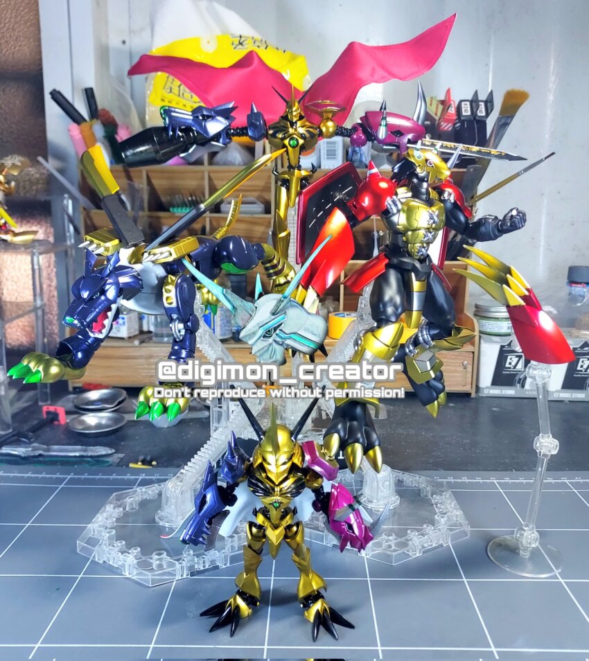 armor, chibi, digimon, digimon_(creature), fusion, highres, horns, metalgarurumon_(story_climax_anniversary_ver.)