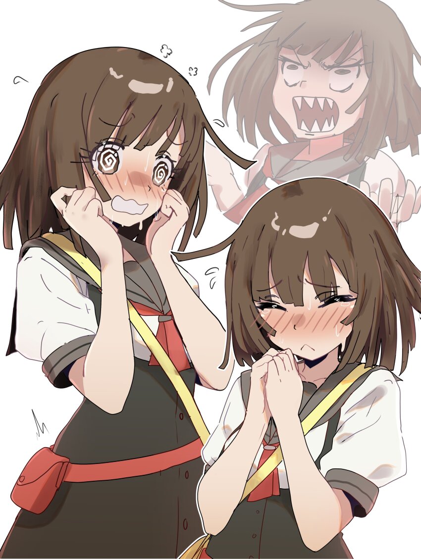 1girl, @_@, absurdres, bakemonogatari, blush, brown_hair, brown_serafuku, closed_eyes, commentary, ebora, english_commentary, highres, medium_hair, monogatari_(series), multiple_views, nanahyakuichi_middle_school_uniform, neckerchief, pouch, red_neckerchief, school_uniform, sengoku_nadeko, serafuku, sharp_teeth, shirt, teeth, white_background, white_shirt