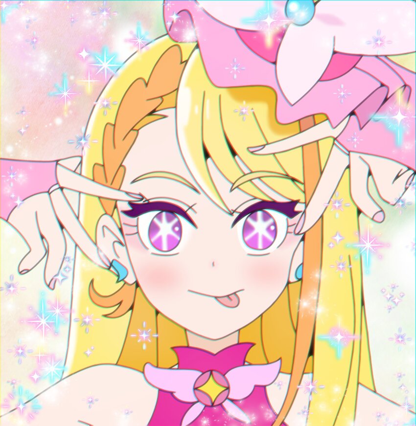 1girl, bare_shoulders, blonde_hair, bridal_gauntlets, cure_butterfly, earrings, fingerless_gloves, gloves