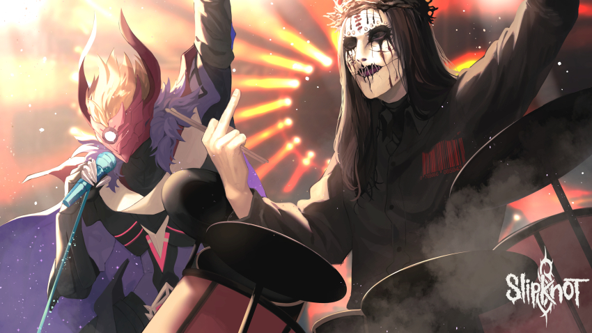 2boys, absurdres, barcode, black_shirt, cape, commentary, commission, copyright_name, crossover, crown_of_thorns, dress_shirt, drumsticks, english_commentary, genshin_impact, highres, holding, holding_drumsticks, holding_microphone_stand, horns, hsteetee, joey_jordison, light_particles, long_sleeves, male_focus, mask, microphone, microphone_stand, middle_finger, multiple_boys, orange_hair, red_mask, shirt, slipknot, smoke, spotlight, stage, stitched_mouth, stitches, tartaglia_(genshin_impact), wing_collar