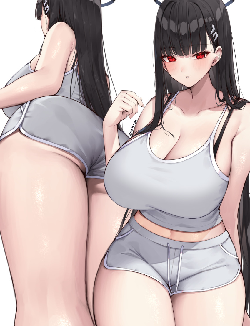 1girl, absurdres, ass, bare_shoulders, black_hair, blue_archive, blunt_bangs, blush, bra_strap, breasts, collarbone, commentary_request, dolphin_shorts, hair_ornament, hairclip, halo, highres, huge_breasts, long_hair, looking_at_viewer, mono_(mo_n_mno), multiple_views, parted_lips, red_eyes, rio_(blue_archive), shirt, shorts, sleeveless, sleeveless_shirt, thighs, twitter_username, very_long_hair