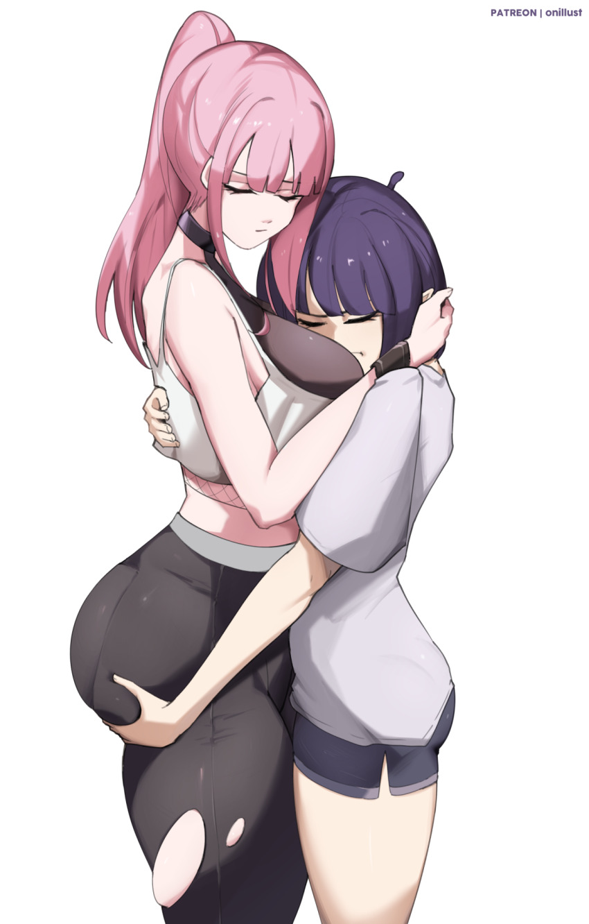 2girls, ass, black_pants, black_shorts, blunt_bangs, bob_cut, breasts, closed_eyes, closed_mouth, grabbing_another's_ass, groping, highres, hololive, hololive_english, hug, large_breasts, long_hair, mori_calliope, mori_calliope_(new_year), mori_calliope_(streetwear), multiple_girls, ninomae_ina'nis, ninomae_ina'nis_(loungewear), o22no, pants, pink_hair, ponytail, purple_hair, shirt, short_hair, short_shorts, shorts, t-shirt, thighs, virtual_youtuber, white_shirt
