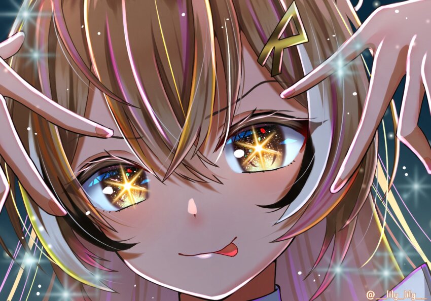 1girl, ahoge, brown_eyes, brown_hair, crossed_bangs, double_v, hair_ornament, hairclip