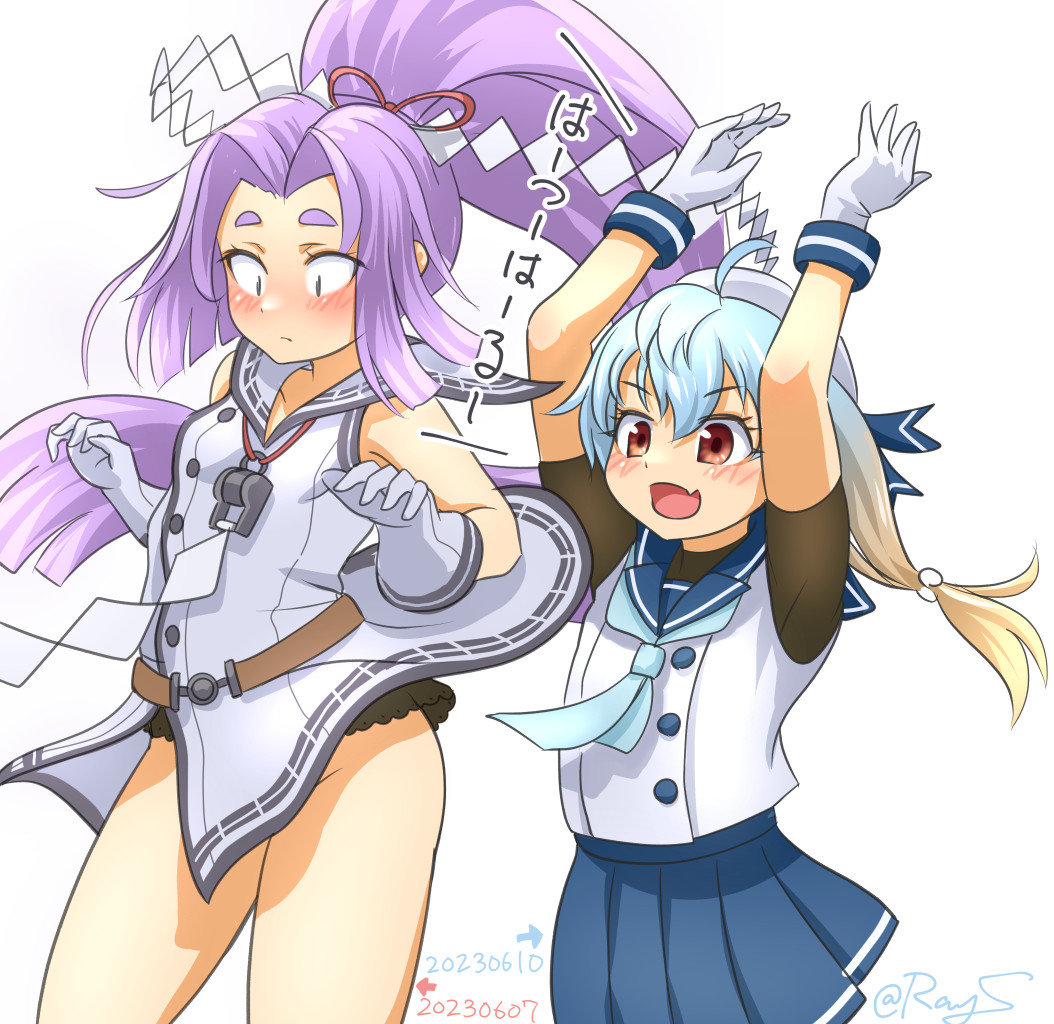 2girls, alternate_kanji_reading, belt, black_panties, blonde_hair, blue_hair, blue_neckerchief, blue_sailor_collar, blue_skirt, clothes_lift, dress, dress_lift, gloves, gradient_hair, hat, hatsuharu_(kancolle), hatsuharu_kai_ni_(kancolle), hikimayu, kantai_collection, long_hair, multicolored_hair, multiple_girls, name_connection, neckerchief, one-hour_drawing_challenge, panties, parody, pleated_skirt, ponytail, purple_eyes, purple_hair, ray.s, red_eyes, sado_(kancolle), sailor_collar, sailor_dress, sailor_hat, school_uniform, serafuku, shirt, short_eyebrows, skirt, skirt_flip, sleeveless, sleeveless_dress, sleeveless_shirt, toaru_kagaku_no_railgun, toaru_majutsu_no_index, tsurime, undershirt, underwear, whistle, whistle_around_neck, white_dress, white_gloves, white_headwear, white_sailor_collar