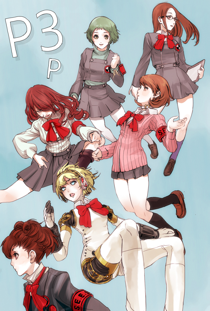 6+girls, aigis_(persona), android, atlus, blonde_hair, bow, brown_hair, choker, earrings, fushimi_chihiro, glasses, green_hair, headband, jewelry, kirijou_mitsuru, long_hair, multiple_girls, nucca_dzuke, pantyhose, persona, persona_3, persona_3_portable, red_hair, school_uniform, sega, shiomi_kotone, short_hair, skirt, smile, socks, takeba_yukari, white_legwear, yamagishi_fuuka