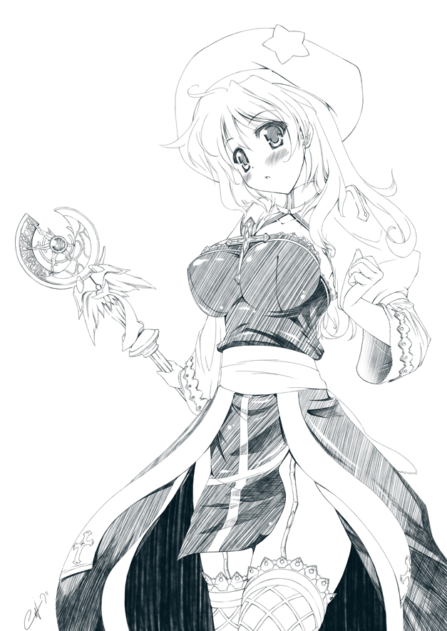 1girl, arch_bishop_(ragnarok_online), ayuhara_hiiro, blue_theme, breasts, character_request, female_focus, garter_belt, hat, large_breasts, monochrome, nanaki_seiju, ragnarok_online, solo, thighhighs