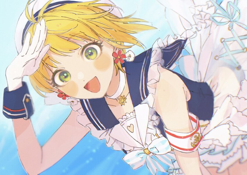 1girl, absurdres, arm_up, blonde_hair, blue_background, blue_bow, blue_bowtie, blue_sailor_collar