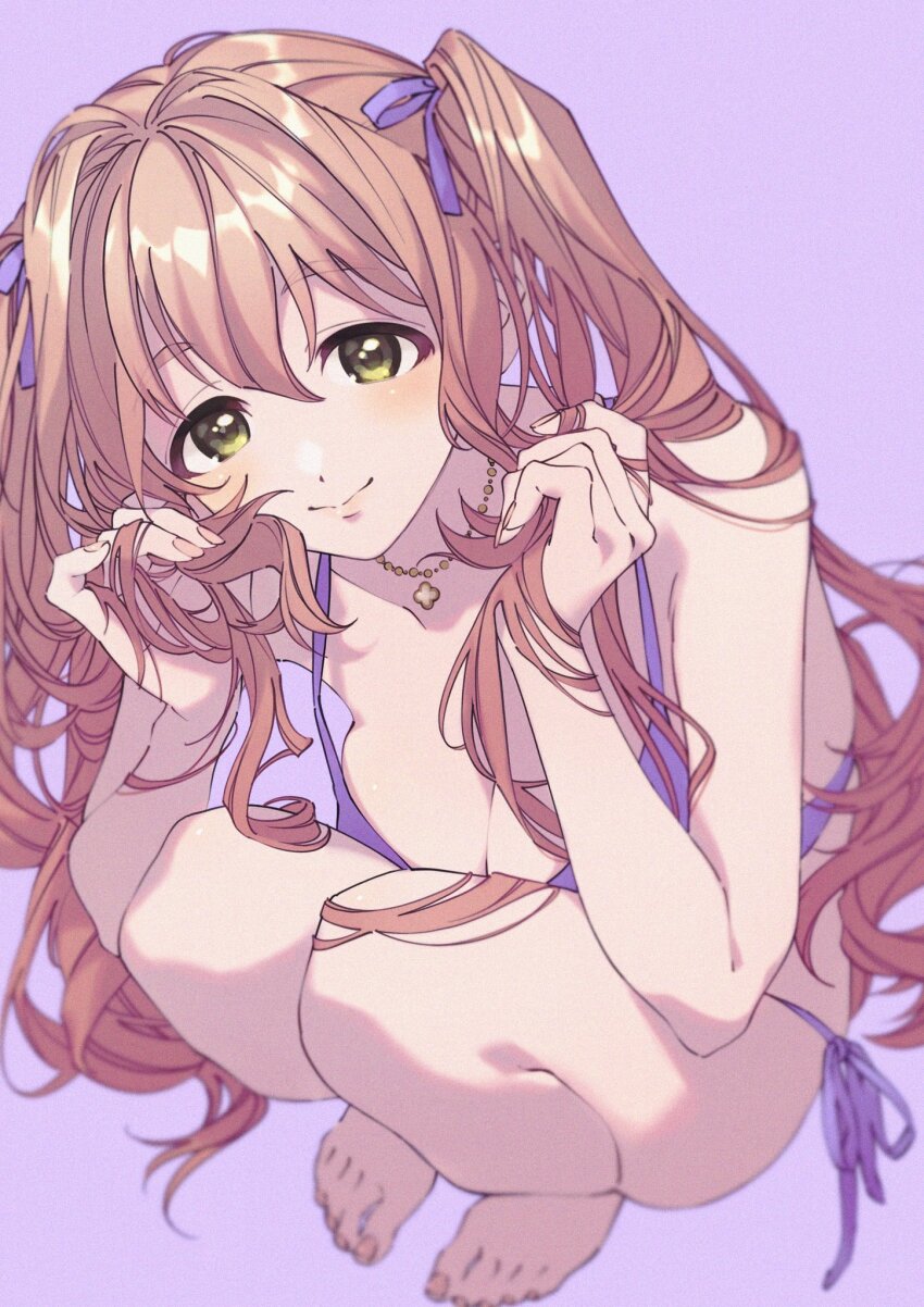 1girl, alternate_hairstyle, bare_shoulders, barefoot, bikini, blurry, blush, bow