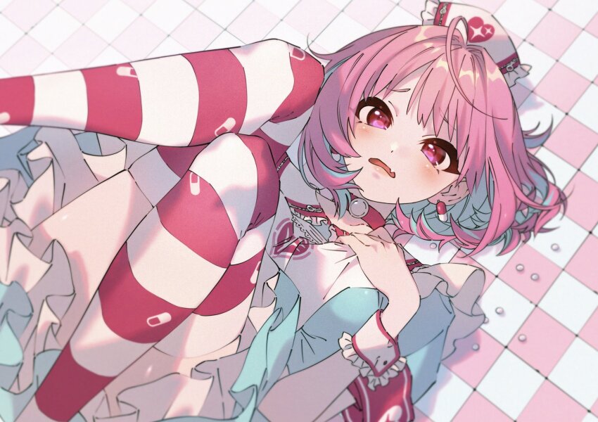 1girl, ahoge, blue_dress, blue_hair, blush, breasts, checkered_floor, choker