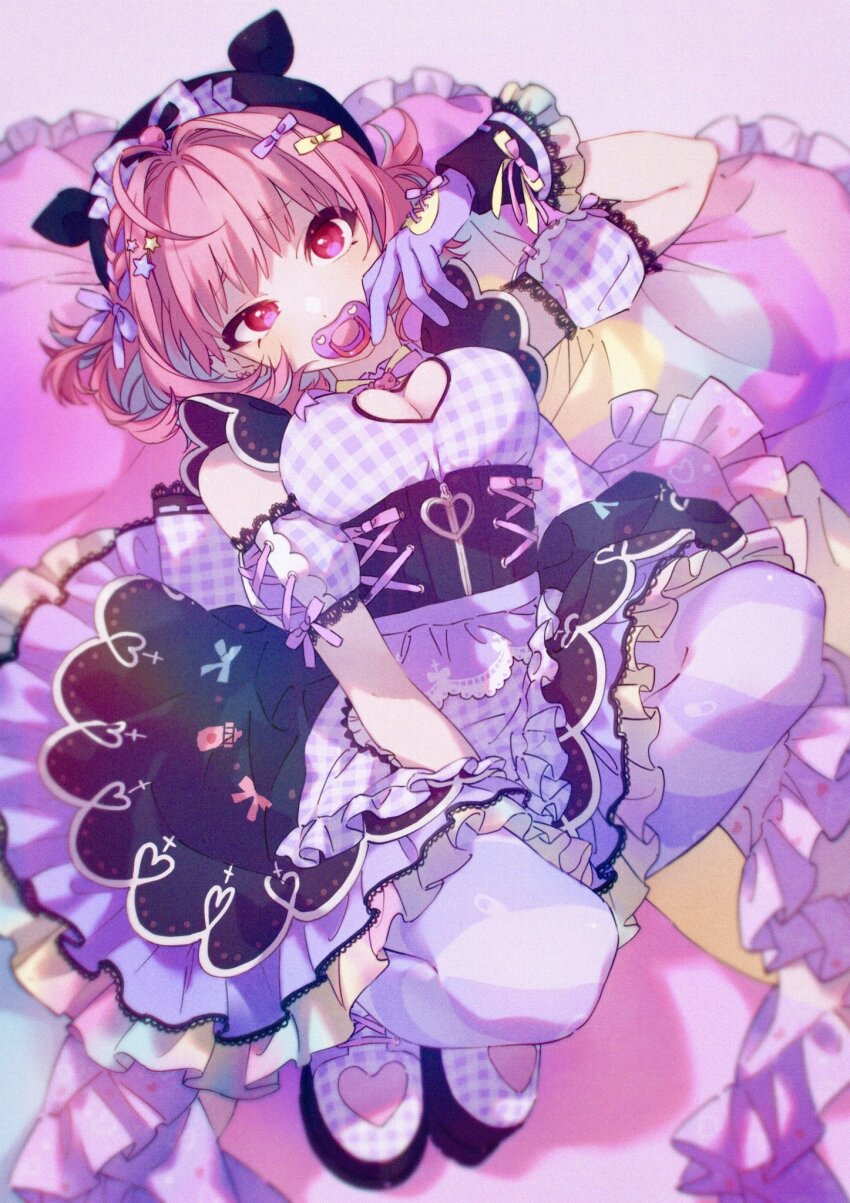 1girl, ahoge, alternate_costume, bare_shoulders, black_corset, black_hat, blue_hair, blurry, blush, braid, breasts, choker, cleavage_cutout, clothing_cutout, corset, cushion, detached_sleeves, dot_nose, dress, earrings, frilled_dress, frills, from_above, gloves, gradient_clothes, gradient_skirt, hair_intakes, hair_ornament, hair_ribbon, hand_up, hat, hat_ribbon, highres, idolmaster, idolmaster_cinderella_girls, idolmaster_cinderella_girls_starlight_stage, jewelry, knees_up, lace-trimmed_sleeves, lace_trim, large_breasts, looking_at_viewer, lying, min_(812nn_im), multicolored_hair, on_back, pacifier, pantyhose, pink_background, pink_eyes, pink_hair, plaid_clothes, plaid_dress, plaid_ribbon, plaid_sleeves, platform_footwear, print_dress, purple_gloves, purple_pantyhose, purple_ribbon, purple_sleeves, ribbon, ribbon-trimmed_gloves, ribbon-trimmed_sleeves, ribbon_choker, ribbon_trim, short_hair, skirt, solo, star_(symbol), star_hair_ornament, striped_clothes, striped_pantyhose, two-tone_dress, two-tone_hair, yellow_ribbon, yumemi_riamu, zipper, zipper_pull_tab