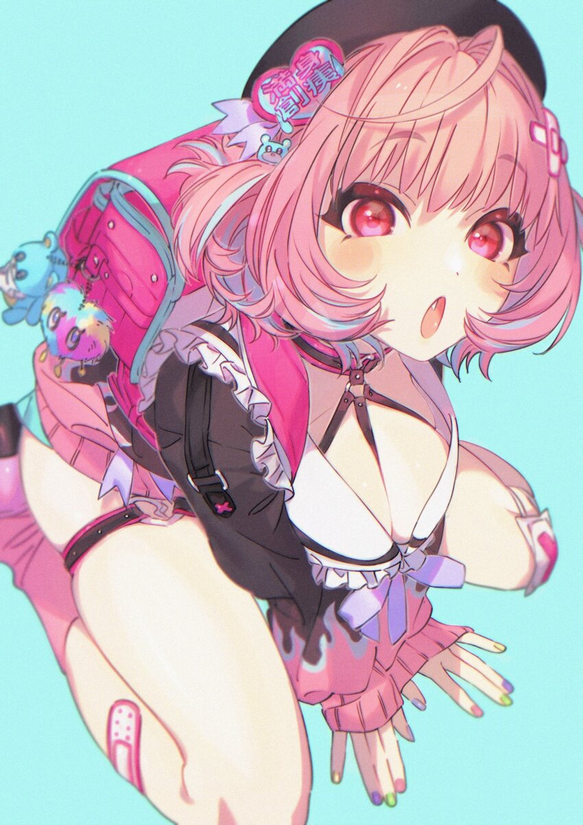 1girl, ahoge, backpack, bag, bandaid, between_legs, black_hat, blue_background, blue_hair, blush, breasts, choker, cleavage, collarbone, dot_nose, fang, frilled_shirt, frills, hair_intakes, hair_ornament, hand_between_legs, hat, heart, heart_hair_ornament, highres, idolmaster, idolmaster_cinderella_girls, idolmaster_cinderella_girls_starlight_stage, large_breasts, loafers, long_sleeves, looking_at_viewer, min_(812nn_im), miniskirt, multicolored_hair, multicolored_nails, neck_ribbon, open_mouth, pink_choker, pink_eyes, pink_hair, pink_skirt, pink_socks, pleated_skirt, purple_ribbon, randoseru, ribbon, shirt, shoes, short_hair, simple_background, sitting, skirt, sleeves_past_wrists, socks, solo, strap, two-tone_hair, two-tone_shirt, wariza, yumemi_riamu