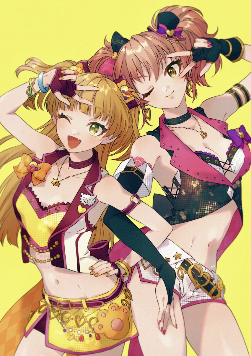 2girls, ;d, animal_hands, arm_up, armband, armpits, bare_shoulders, belly_chain, belt, bikini, black_armband, black_belt, black_choker, black_gloves, blonde_hair, blush, bow, bracelet, breasts, bridal_gauntlets, choker, cleavage, closed_mouth, collarbone, cowboy_shot, crop_top, cropped_jacket, dot_nose, earrings, fang, fingerless_gloves, food, fruit, gloves, green_eyes, hair_between_eyes, hair_bow, hair_ribbon, half_gloves, hand_on_own_hip, hat, hat_ribbon, heart, heart_earrings, heart_necklace, highres, idolmaster, idolmaster_cinderella_girls, idolmaster_cinderella_girls_starlight_stage, jacket, jewelry, jougasaki_mika, jougasaki_rika, long_hair, looking_at_viewer, medium_breasts, midriff, min_(812nn_im), mini_hat, multicolored_jacket, multiple_bracelets, multiple_girls, navel, necklace, one_eye_closed, open_clothes, open_jacket, open_mouth, orange_nails, orange_ribbon, pink_hair, pink_nails, purple_choker, purple_gloves, purple_ribbon, ribbon, short_shorts, shorts, siblings, side_slit, simple_background, single_bridal_gauntlet, sisters, sleeveless, sleeveless_jacket, small_breasts, smile, star_(symbol), star_necklace, strapless, swimsuit, tube_top, twintails, two-tone_jacket, two-tone_ribbon, two_side_up, w, white_bikini, white_jacket, white_shorts, yellow_background, yellow_eyes, yellow_shorts, yellow_tube_top