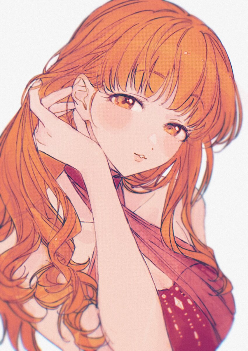 1girl, absurdres, bare_shoulders, blurry, breasts, brown_hair, cleavage, collarbone