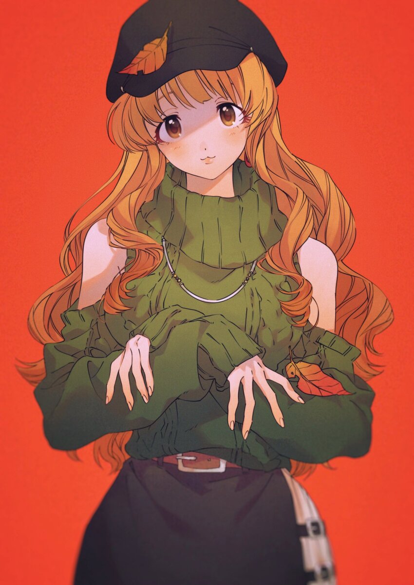 1girl, :3, aran_sweater, autumn_leaves, belt, black_hat, black_skirt, blonde_hair