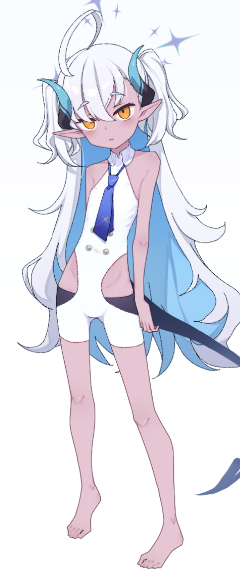 1girl, ahoge, barefoot, blue_archive, blue_horns, dark-skinned_female, dark_skin, flat_chest