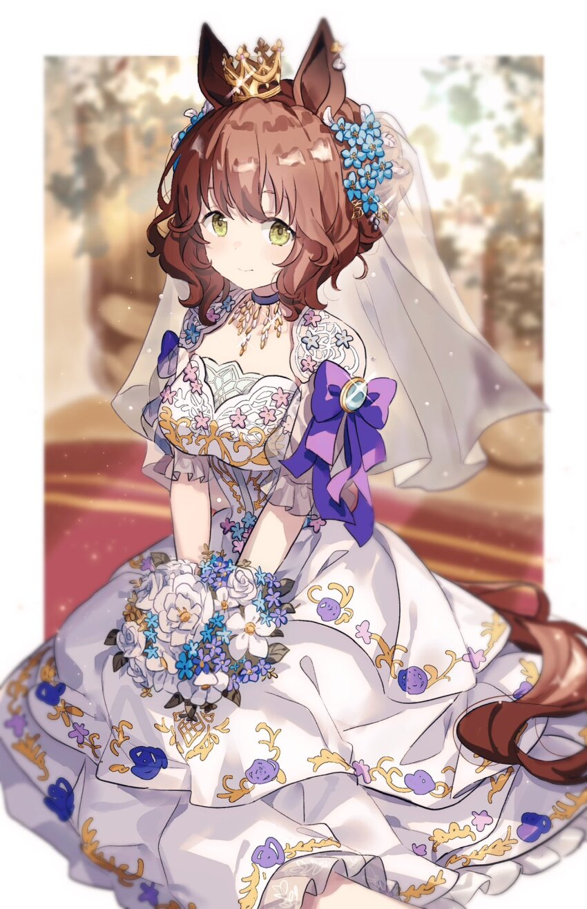 1girl, animal_ears, aston_machan_(haute_couture_memory)_(umamusume), aston_machan_(umamusume), bouquet, breasts, brown_hair, crown