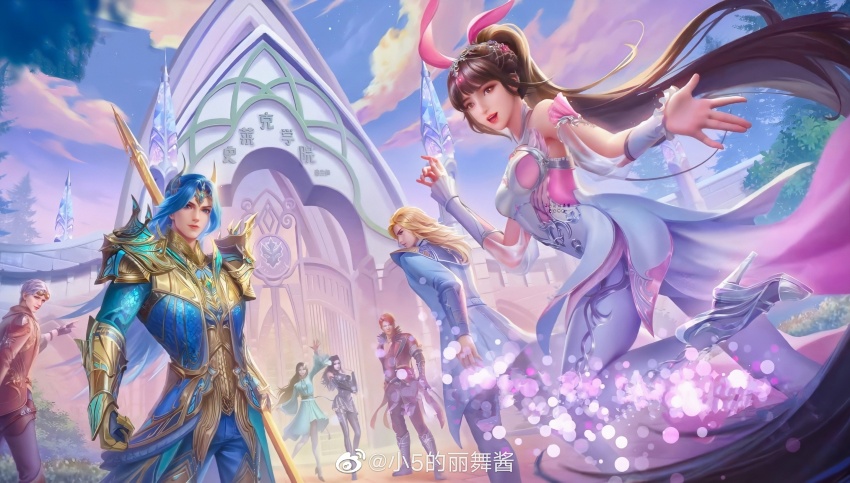 3boys, 3girls, animal_ears, armor, artist_request, black_hair, blonde_hair, blue_hair