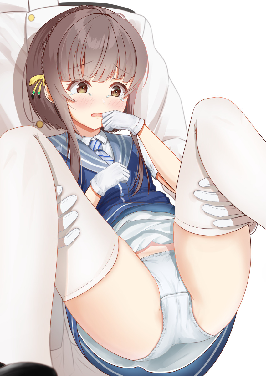 1boy, 1girl, absurdres, admiral_(kancolle), black_footwear, blue_dress, blush, brown_eyes