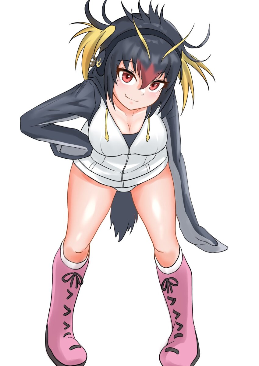 1girl, bentmen, black_hair, blonde_hair, blush, breasts, cleavage, headphones, highres, hood, hoodie, jacket, kemono_friends, large_breasts, leaning_forward, looking_at_viewer, multicolored_hair, penguin_tail, red_eyes, red_hair, rockhopper_penguin_(kemono_friends), short_hair, smile, solo, tail