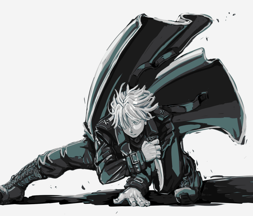 1boy, black_coat, black_pants, blonde_hair, coat, combat_knife, daybit_sem_void, fate/grand_order, fate_(series), fighting_stance, full_body, hair_between_eyes, highres, holding, holding_knife, holding_weapon, knife, long_sleeves, male_focus, mry_46, pants, purple_eyes, short_hair, solo, squatting, trench_coat, weapon, white_background