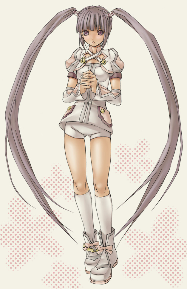 1girl, detached_sleeves, female_focus, full_body, jacket, official_alternate_costume, purple_eyes, purple_hair, short_shorts, shorts, simple_background, socks, solo, sonnnabakana, sophie_(tales), sophie_(toast_of_the_town)_(tales), tales_of_(series), tales_of_graces, twintails, white_background, white_shorts