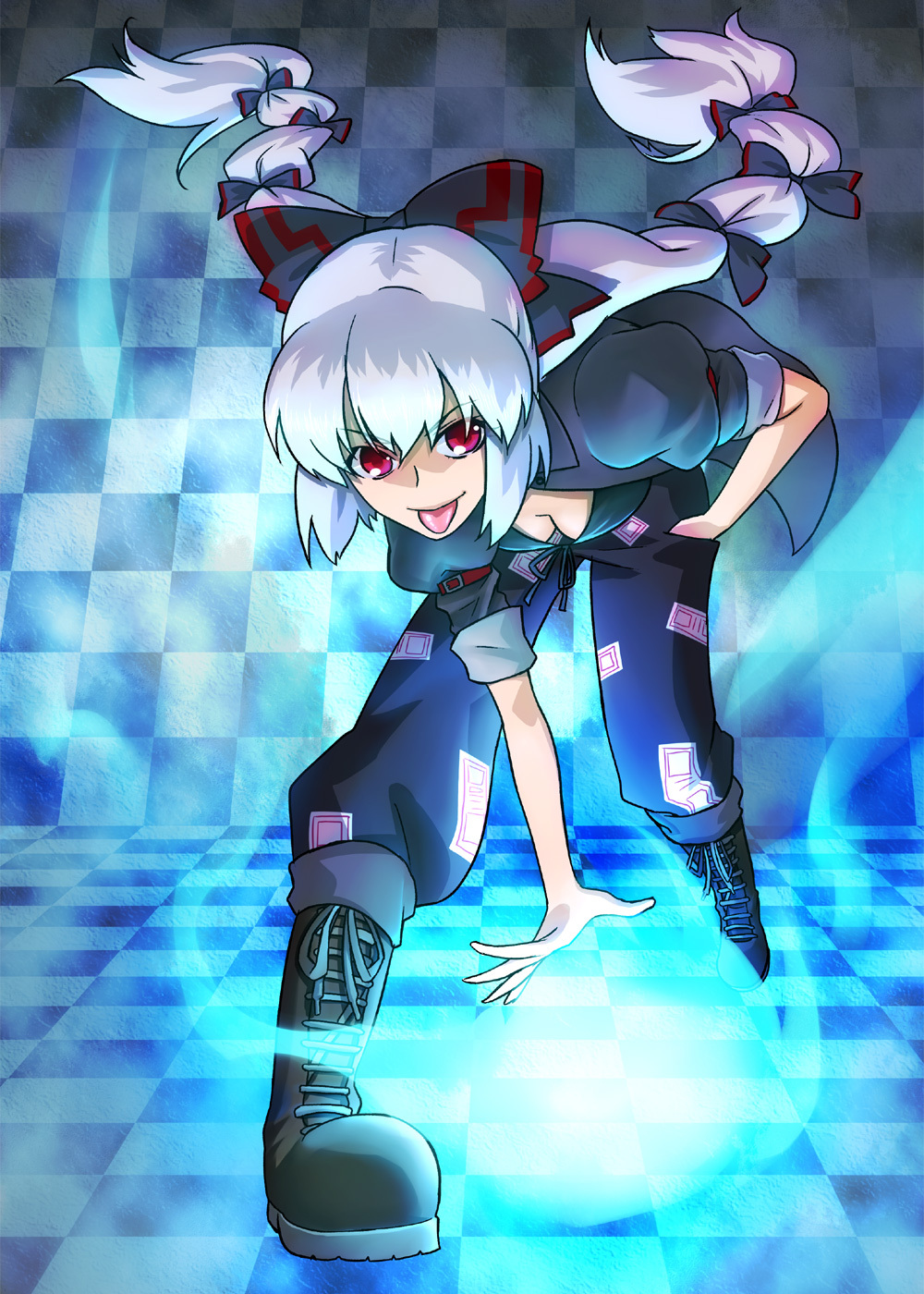 1girl, :p, alternate_costume, alternate_hairstyle, bad_id, bad_pixiv_id, bikini, bikini_top_only, black_rock_shooter, black_rock_shooter_(character), black_rock_shooter_(cosplay), blue_fire, boots, bow, breasts, checkered_floor, cleavage, cosplay, downblouse, female_focus, fire, floor, fujiwara_no_mokou, hair_bow, hair_ribbon, hand_in_pocket, highres, long_hair, multi-tied_hair, pants, perspective, red_eyes, ribbon, solo, swimsuit, tkhs, tkhs_(artist), tongue, tongue_out, touhou, twintails, very_long_hair, white_hair