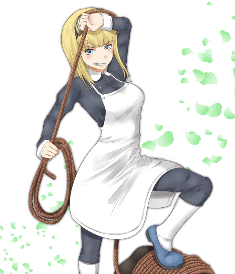 1girl, 1other, alternate_eyebrows, ambiguous_gender, apron, black_jacket, blonde_hair, blue_eyes