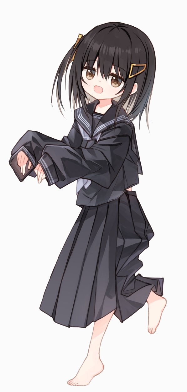 1girl, :d, barefoot, black_hair, black_sailor_collar, black_serafuku, black_shirt, black_skirt
