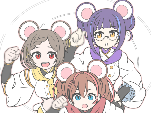 3girls, animal_ears, arm_warmers, blue_eyes, blue_hair, blue_neckerchief, braid, brown_hair