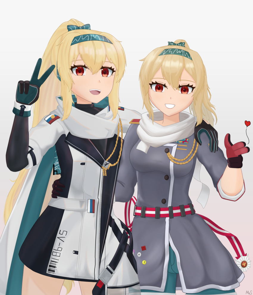 2girls, absurdres, blonde_hair, bow, finger_gun, girls'_frontline, gloves, hair_between_eyes