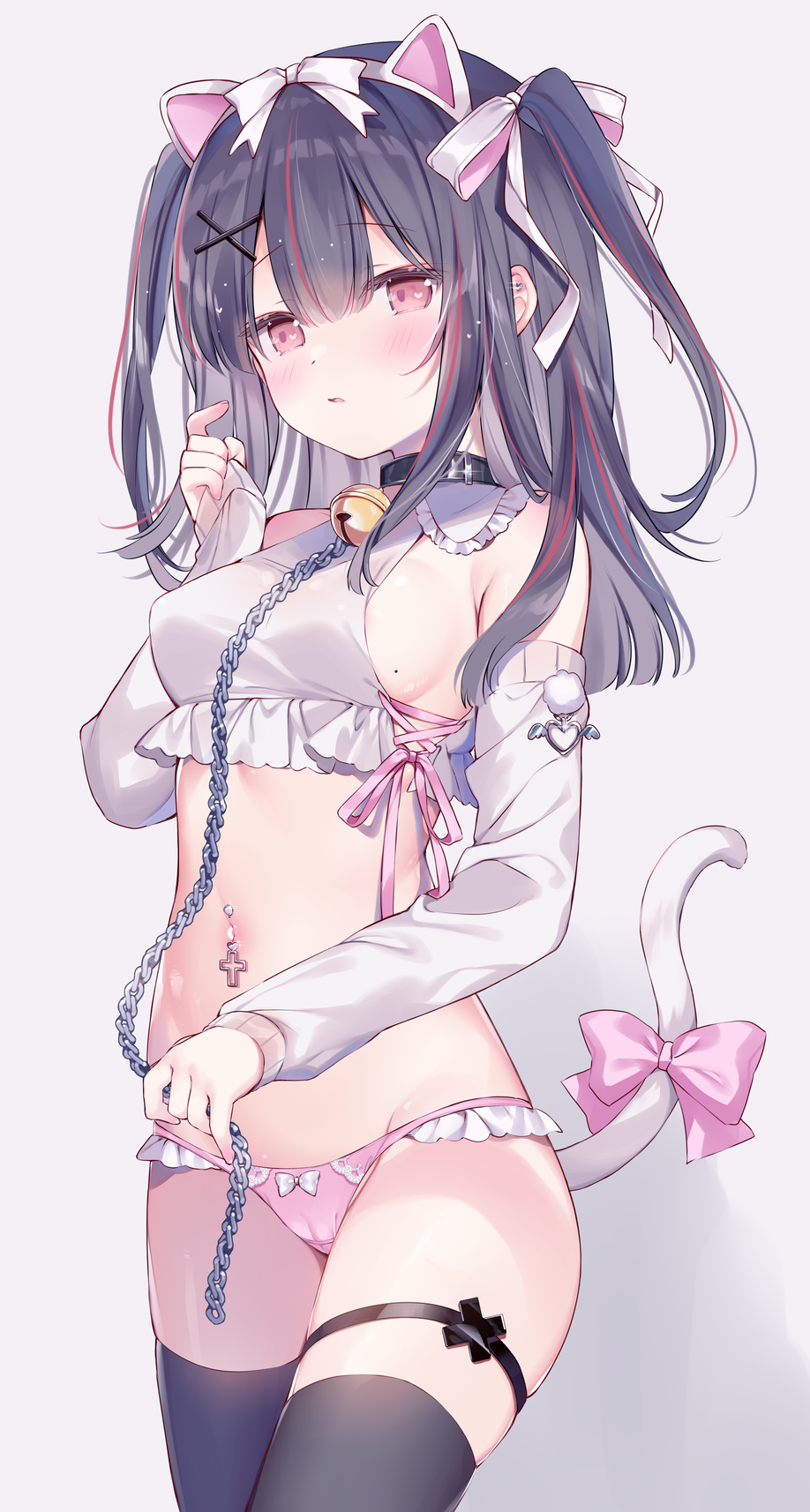 1girl, ame_usari, animal_ears, bdsm, bell, black_collar, black_hair, black_thighhighs