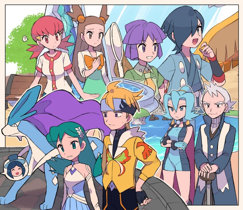 4boys, 5girls, :d, ?, black_gloves, black_pants, black_shirt, border, bugsy_(pokemon), butterfly_net, clair_(pokemon), coat, collared_shirt, commentary_request, detached_sleeves, evelyn_(pokemon), falkner_(pokemon), fingerless_gloves, gen_2_pokemon, gloves, green_eyes, green_hair, green_shirt, hair_bobbles, hair_ornament, hairclip, hand_net, hand_up, headband, highres, jacket, jasmine_(pokemon), kris_(pokemon), kris_(sygna_suit)_(pokemon), legendary_pokemon, long_hair, morty_(pokemon), morty_(sygna_suit)_(pokemon), multiple_boys, multiple_girls, neckerchief, nintendo, official_alternate_costume, open_mouth, pants, pink_hair, pokemon, pokemon_heartgold_and_soulsilver, pokemon_masters_ex, pokemon_x_and_y, pryce_(pokemon), purple_hair, scarf, shirt, short_hair, short_sleeves, smile, spoken_character, spoken_question_mark, suicune, twintails, tyako_089, white_jacket, whitney_(pokemon), yellow_jacket, yellow_neckerchief