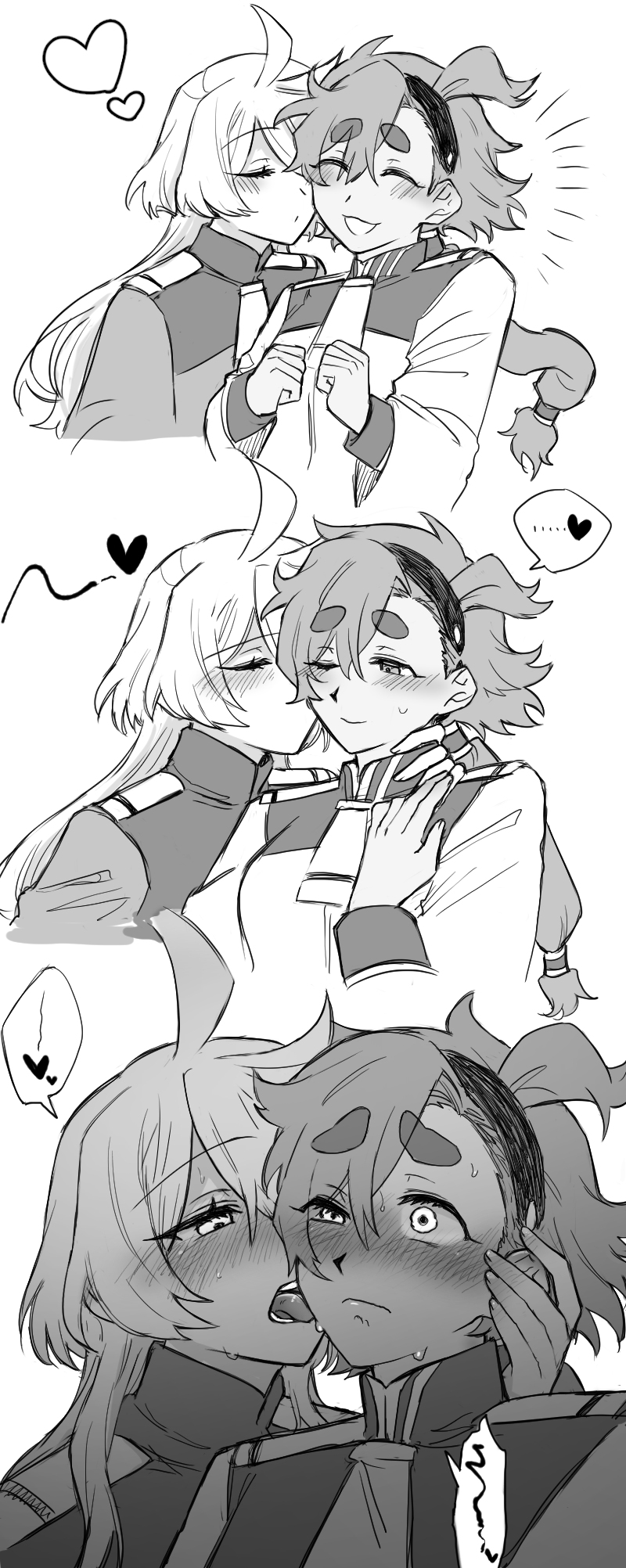 ..., 2girls, 3koma, ahoge, blush, closed_eyes, comic, greyscale