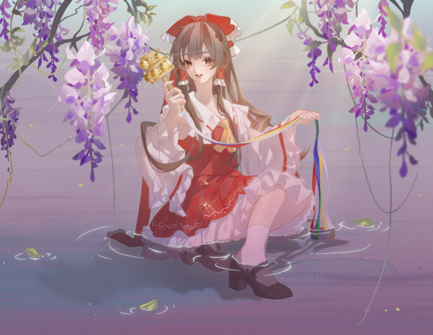 1girl, :d, ascot, bell, black_shoes, blush, bow, brown_hair, collared_vest, commentary, detached_sleeves, flower, frilled_bow, frilled_hair_tubes, frilled_shirt_collar, frilled_skirt, frilled_sleeves, frills, full_body, hair_bow, hair_tubes, hakurei_reimu, holding, holding_ribbon, jing-endorphin, jingle_bell, kagura_suzu, lavender_(flower), leaf, lips, long_hair, looking_at_viewer, open_mouth, purple_flower, red_bow, red_skirt, ribbon, ripples, shoes, sidelocks, skirt, smile, socks, solo, teeth, touhou, upper_teeth_only, vest, water, white_sleeves, white_socks, wide_sleeves, yellow_ascot