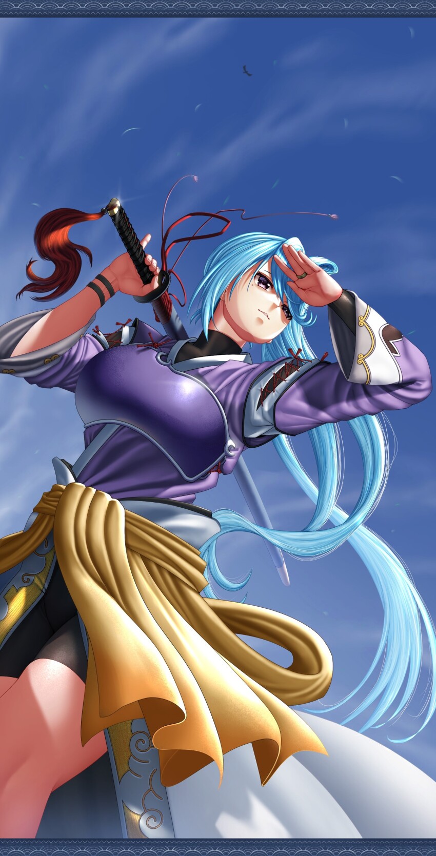 1girl, absurdres, black_shorts, blue_hair, blue_sky, bridal_gauntlets, chest_armor, closed_mouth