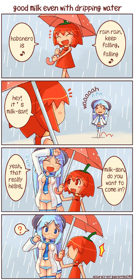 4koma, comic, glasses, habanero-tan, milk-san, rain, shigatake, umbrella