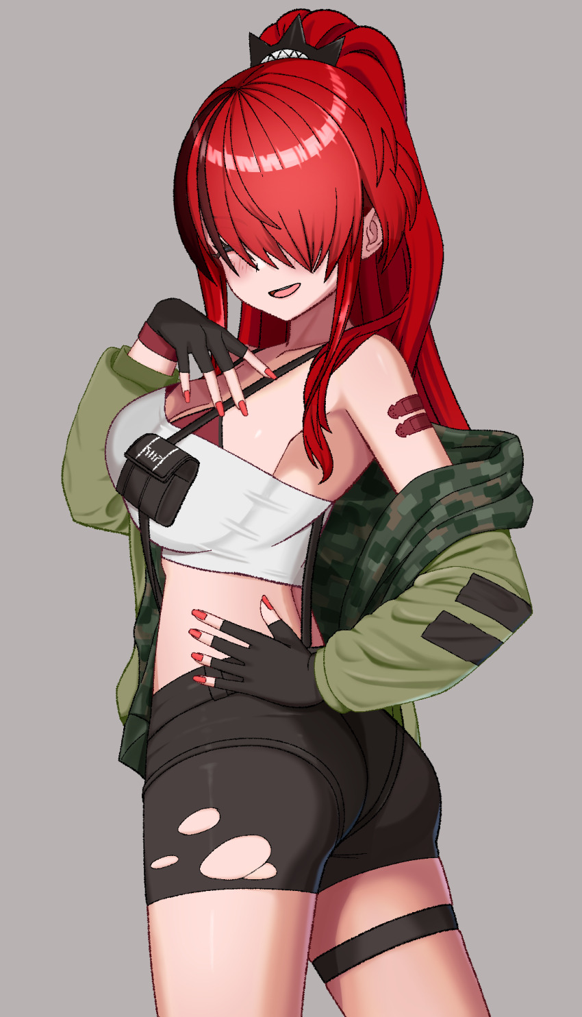 1girl, ass, bandeau, bare_shoulders, black_gloves, black_shorts, breasts, cleavage