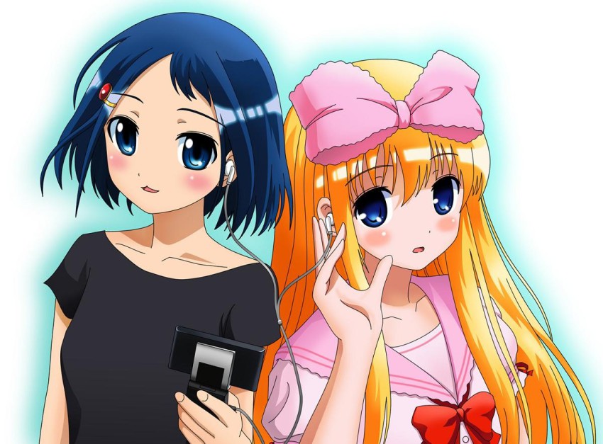 2girls, amae_koromo, black_hair, blonde_hair, earbuds, earphones, ikeda_kana, multiple_girls