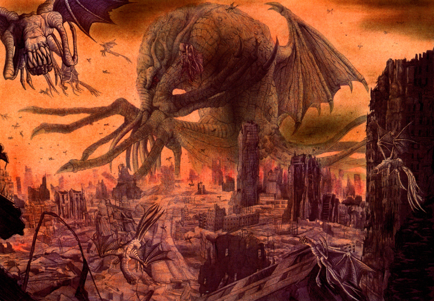 bad_id, bad_pixiv_id, city, cityscape, cloud, cthulhu, cthulhu_mythos, dust, flying, hiyokemusi, monochrome, monster, no_humans, red_sky, red_theme, ruins, sky, tentacles, wings