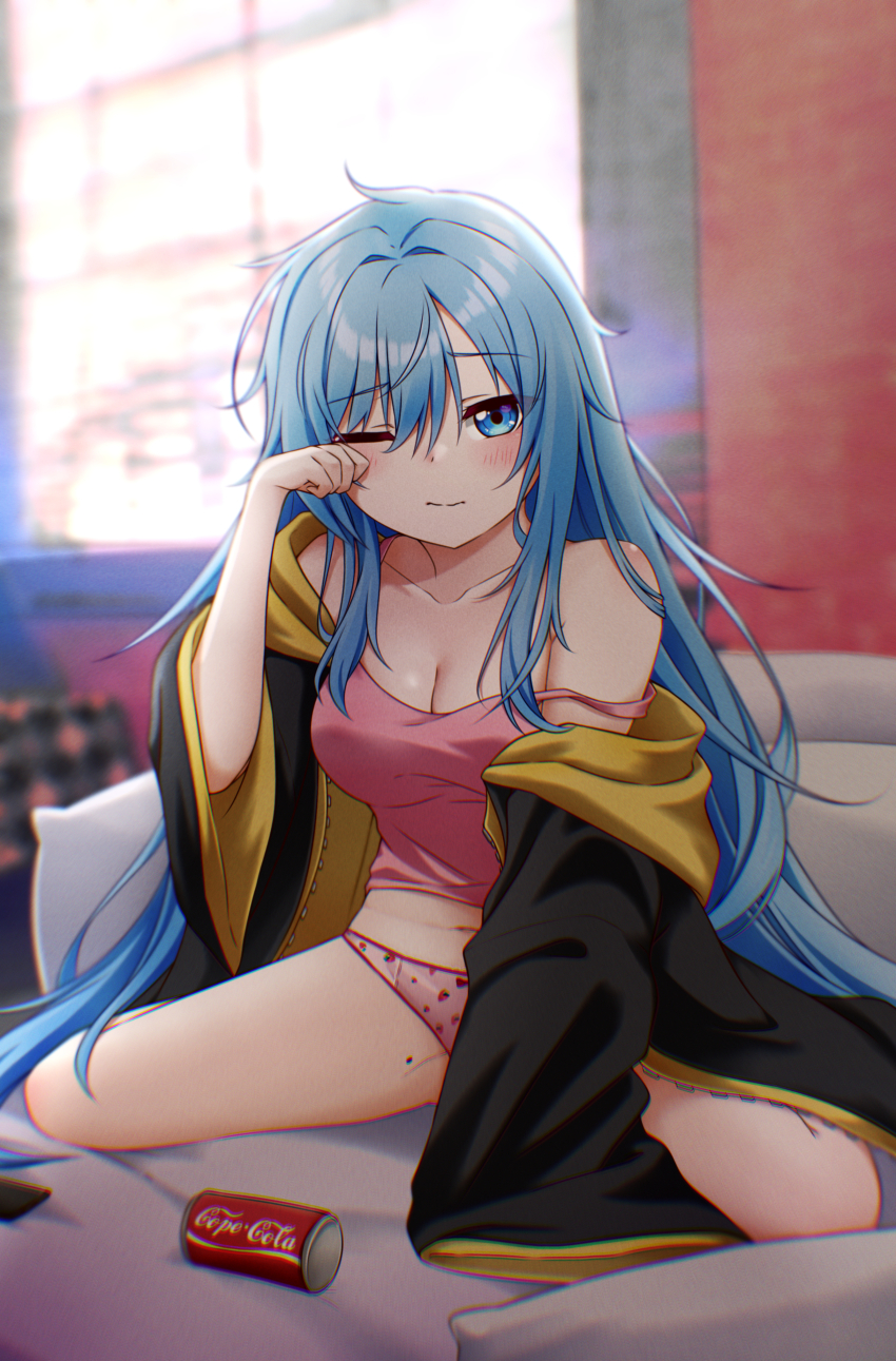 1girl, absurdres, blue_eyes, blue_hair, blush, brand_name_imitation, breasts, can
