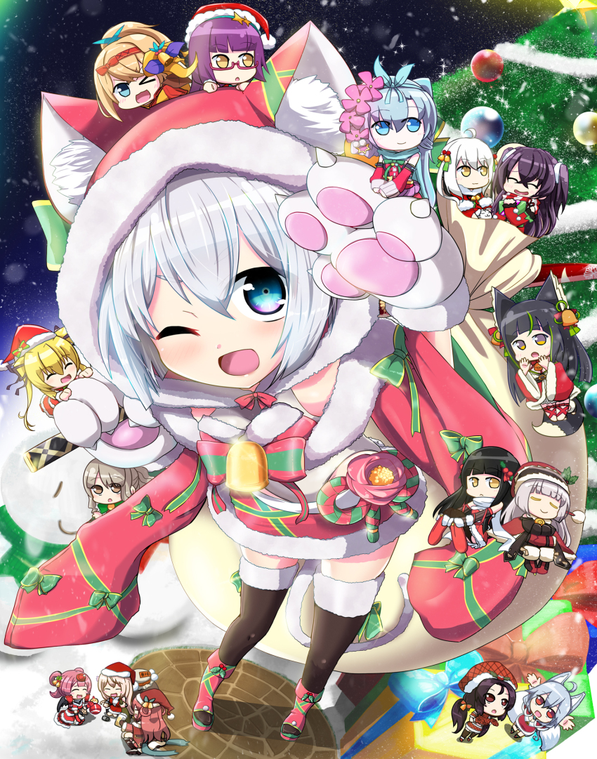 >_<, animal_ear_fluff, animal_ears, animal_hands, bell, black_hair, blue_eyes, blue_hair