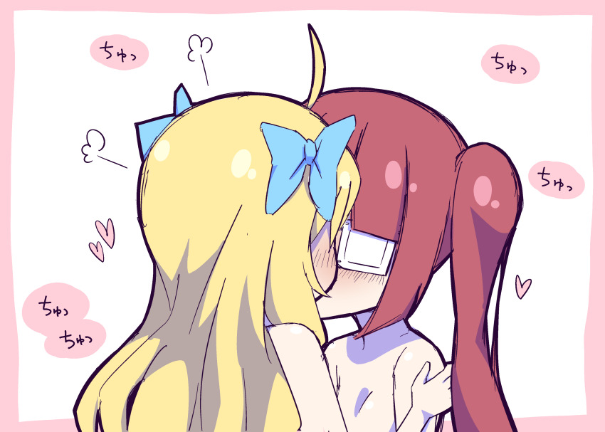 2girls, absurdres, ahoge, blonde_hair, blush, bow, brown_hair, eyepatch