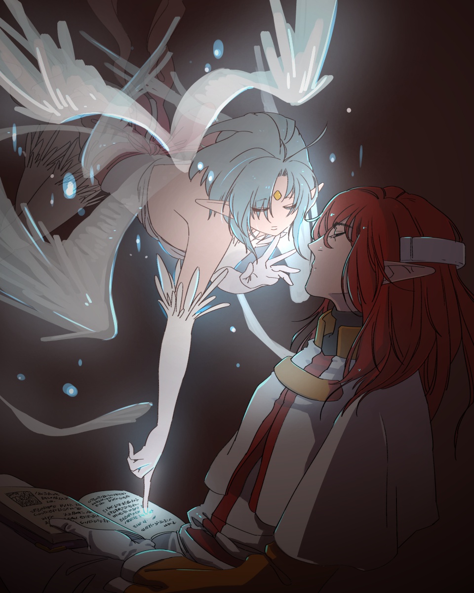 1boy, 1girl, angel_wings, blue_hair, book, closed_mouth, dress, elbow_gloves