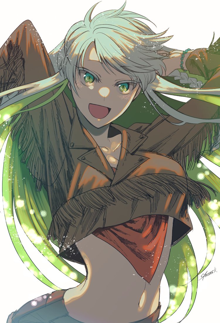 1girl, colored_eyelashes, colored_inner_hair, fate/grand_order, fate_(series), green_eyes, green_hair, kukulkan_(fate), kukulkan_(first_ascension)_(fate), looking_at_viewer, midriff, multicolored_hair, open_mouth, simple_background, solo, upper_body, white_background, yuuzuki230