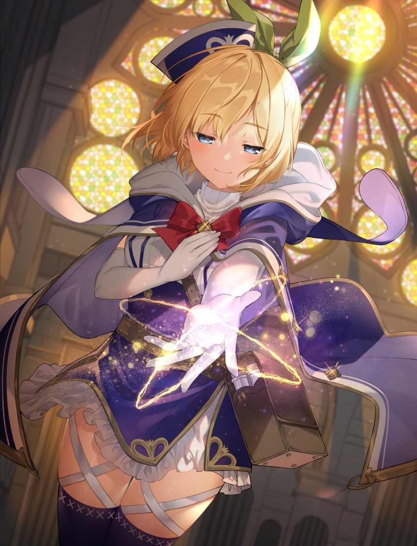 1girl, absurdres, blonde_hair, blue_eyes, blue_socks, blush, dress, gloves, green_ribbon, hat, highres, looking_at_viewer, purple_cap, purple_dress, red_ribbon, ribbon, rokudenashi_majutsu_koushi_to_akashic_record, rumia_tingel, short_hair, skirt, sleeveless, smile, socks, suspender_skirt, suspenders, white_gloves, white_sleeves, yellow_background